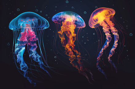 A stunning display of three jellyfis, a Photo by Tanuart