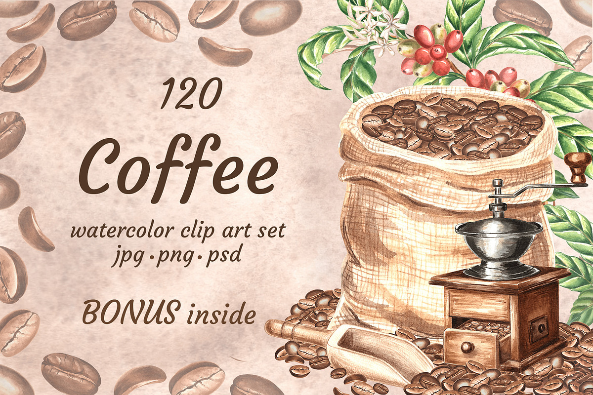 Coffee watercolor clip art set, a Food Illustration by susie-p-art (Photo 1 of 15)