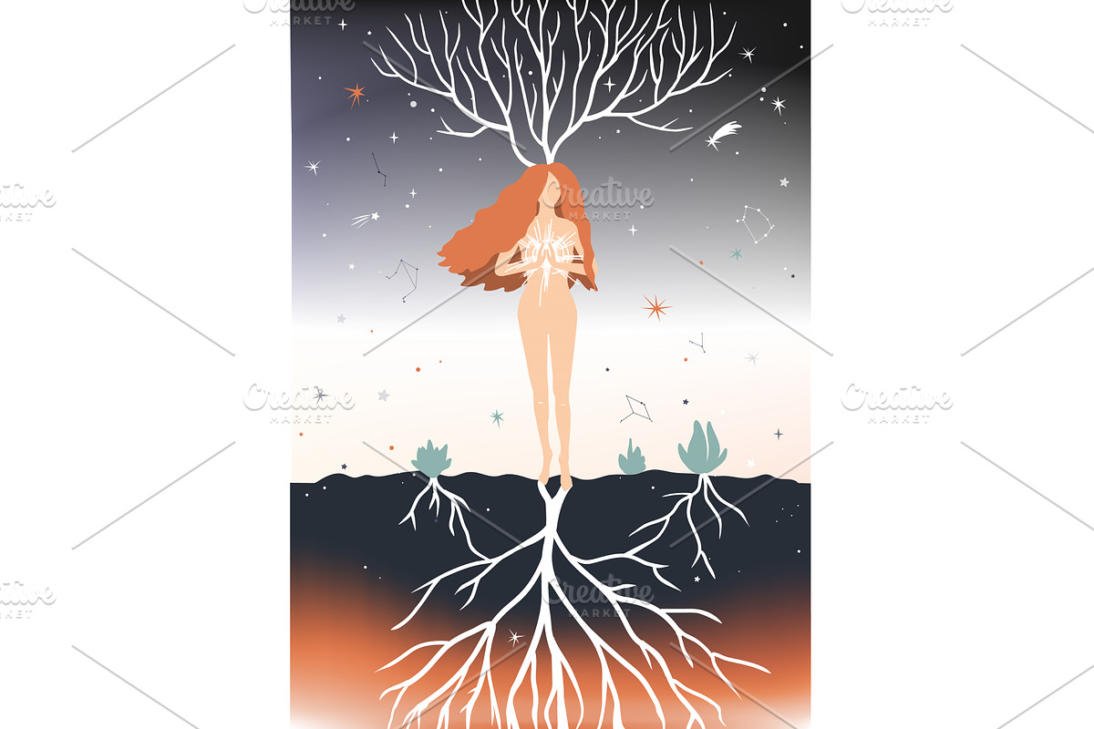 Young standing woman meditating with, an Illustration by Toltemara