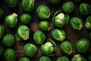 Fresh brussels sprouts on wooden background, a Food & Drink Photo by AlyaAnd