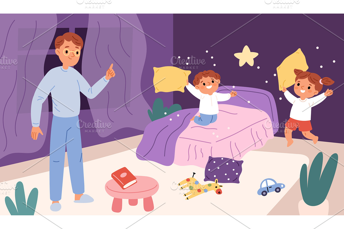 Naughty children in room. Father, a Person Illustration by YummyBuum