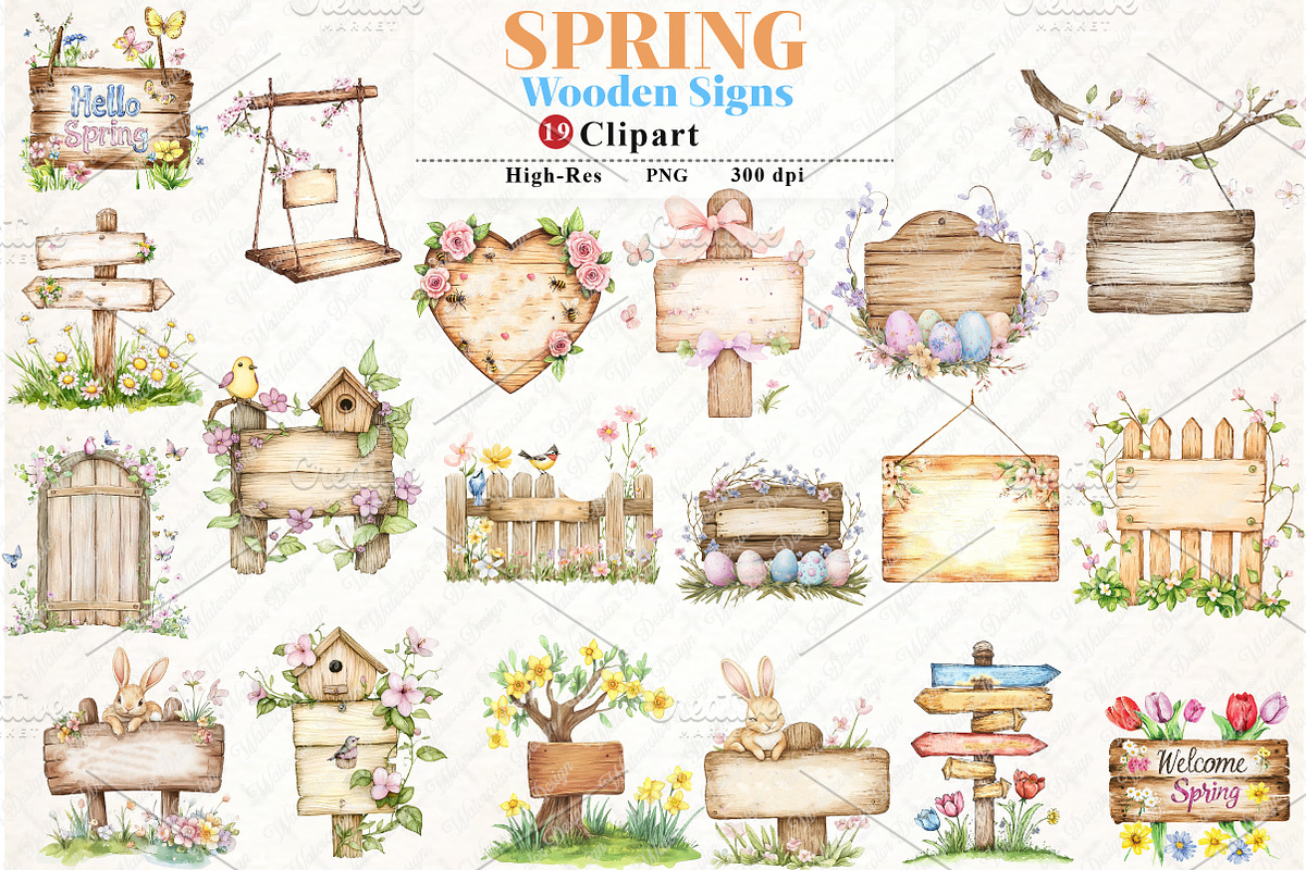 Spring Wooden Signs Clipart, an Illustration by Watercolor design (Photo 1 of 12)