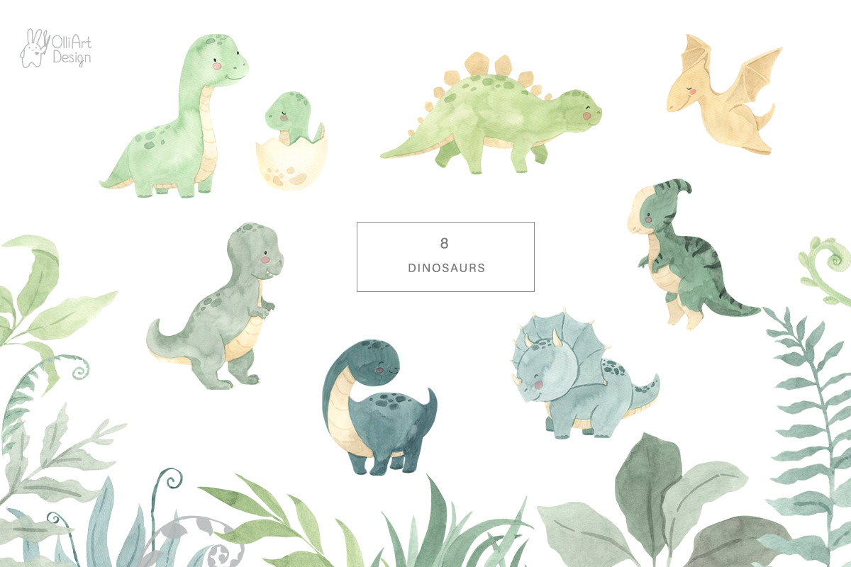DINOSAUR watercolor clipart., an Animal Illustration by OlliArtDesign (Photo 2 of 12)