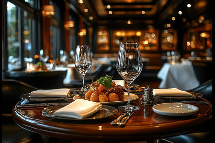 Elegant dining setting with gourmet, a Photo by Tanuart