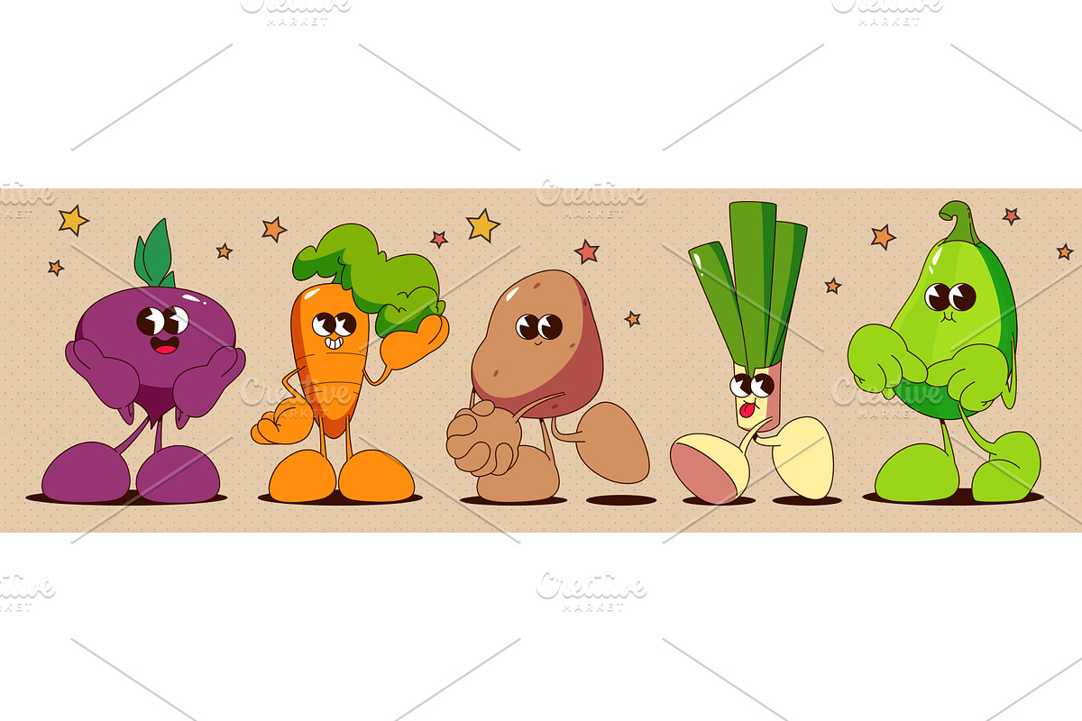 Cartoon vegetable characters with, a Food Illustration by art PVP - market