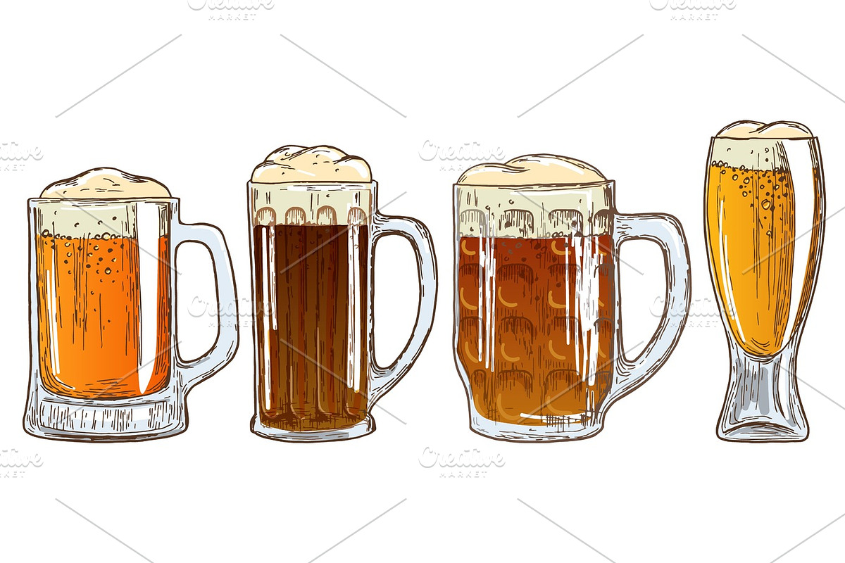 Set of mugs of beer, a Food Illustration by DruZhi Art