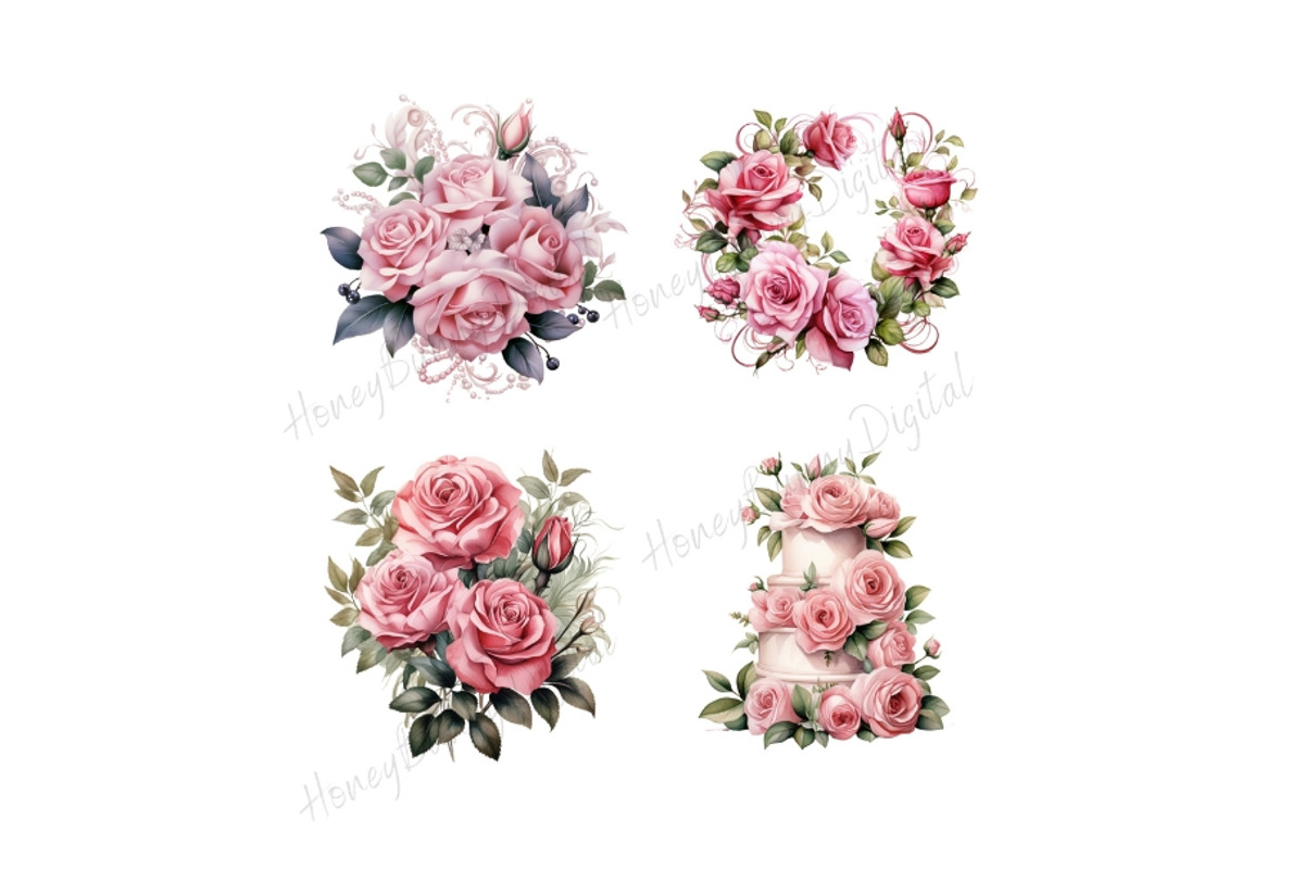 Watercolor Pink Rose Clipart, a Decorative Illustration by HoneyBunnyDigital (Photo 3 of 7)