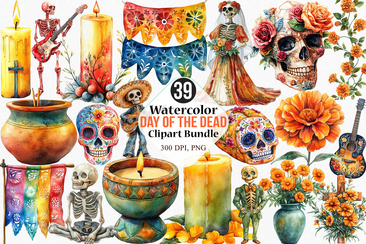 Watercolor Day of the Dead Clipart, an Illustration by Canvas Craft (Photo 1 of 7)