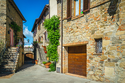 Cozy street view and stone houses, an Architecture Photo by Alpine Dreams