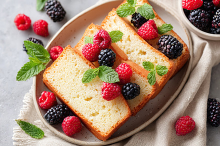 Slices of sponge cake topped with fresh berries and mint on a simple plate, a Food & Drink Photo by AlyaAnd