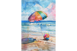 Beach Umbrella and Ball Ocean Art, a Decorative Illustration by Art Paradise Studios