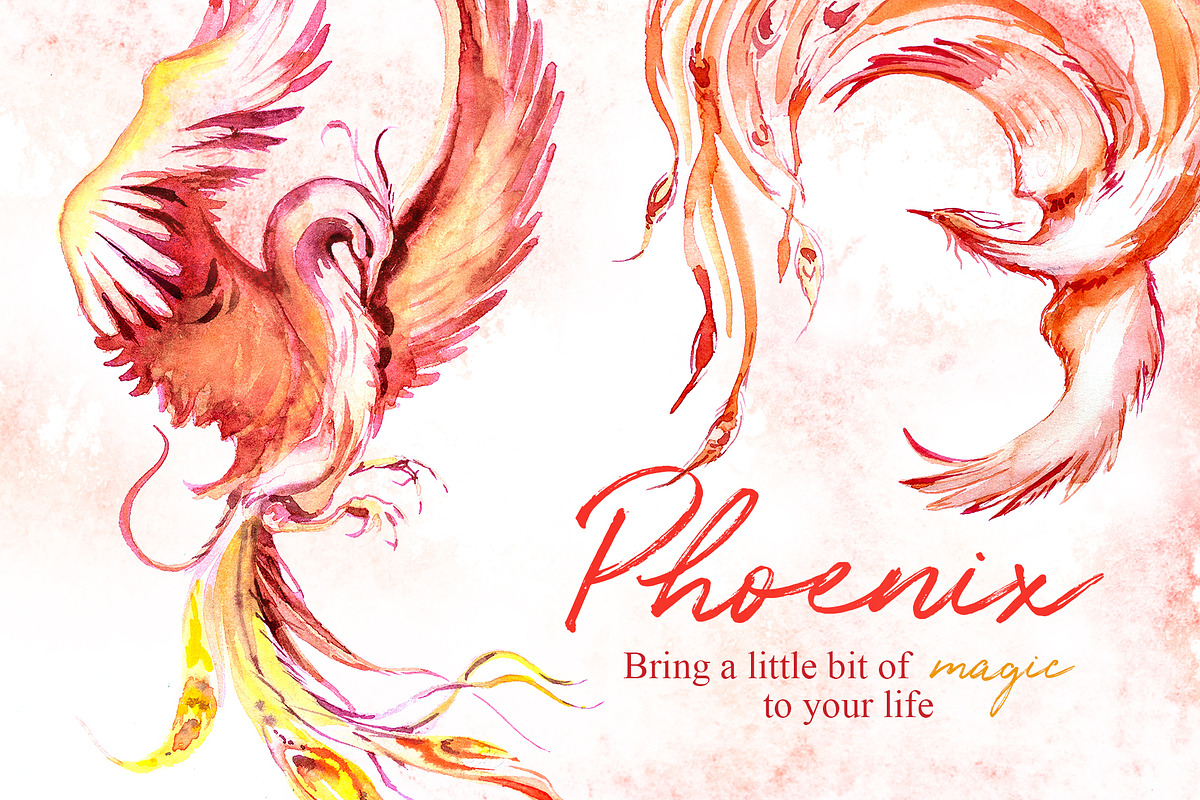 Watercolor Phoenix Clipart Set, an Animal Illustration by ArtCreationsDesign (Photo 1 of 6)