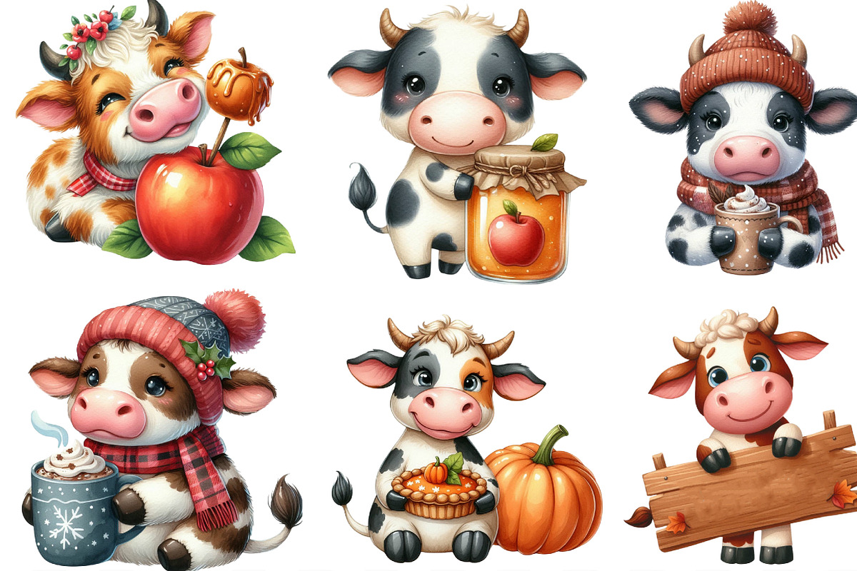 Watercolor Autumn Cow Clipart, an Illustration by Designking (Photo 3 of 4)