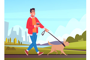 Walking with dog. man pet owner, an Animal Illustration by Onyx