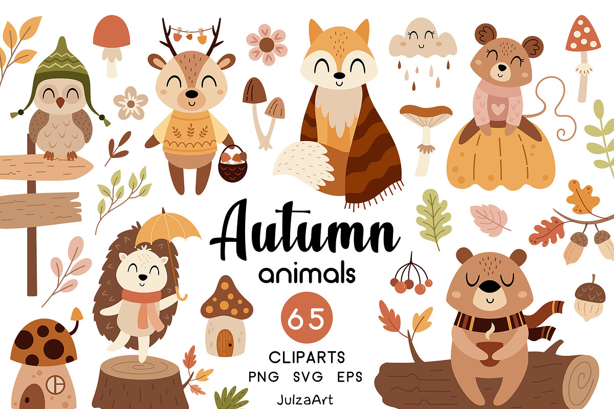 Fall animals and plants clipart, a Seasonal Illustration by JulzaArt (Photo 1 of 8)