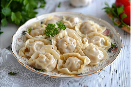 Delicious meat dumplings served on, a Food & Drink Photo by Ylivdesign