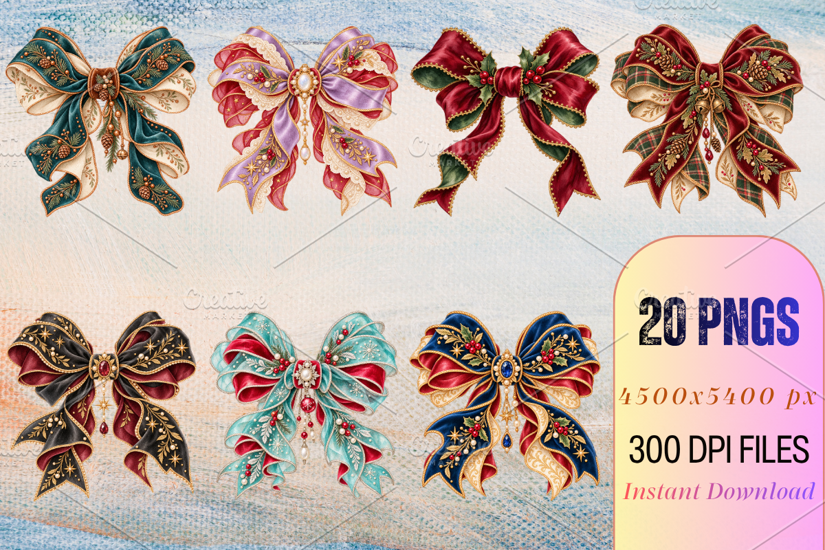 Cute Christmas Bow Clipart Bundle, a Decorative Illustration by Ink Gallery (Photo 4 of 11)