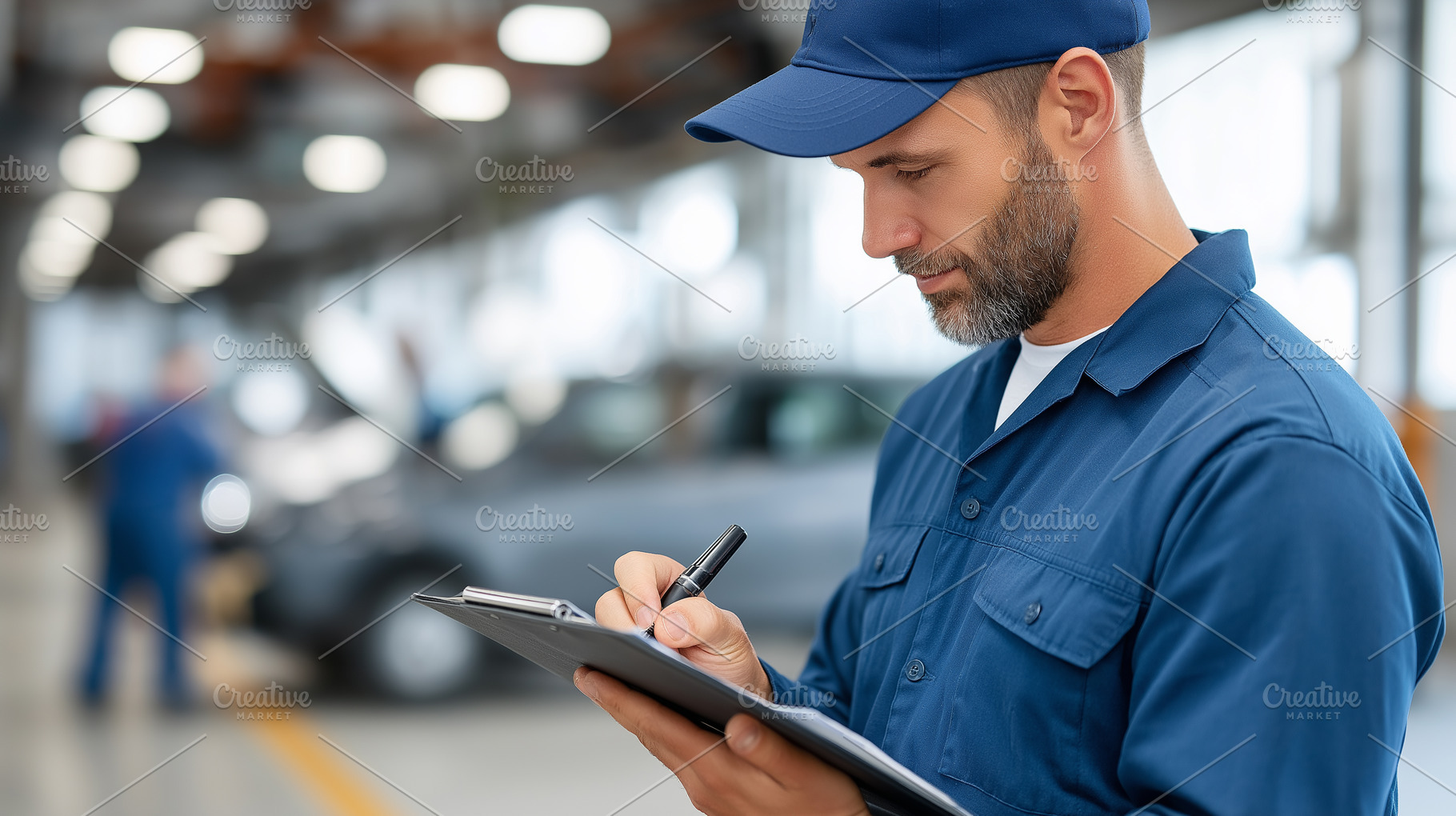 Car mechanic in uniform writes on a, a Transportation Photo by MistyDay