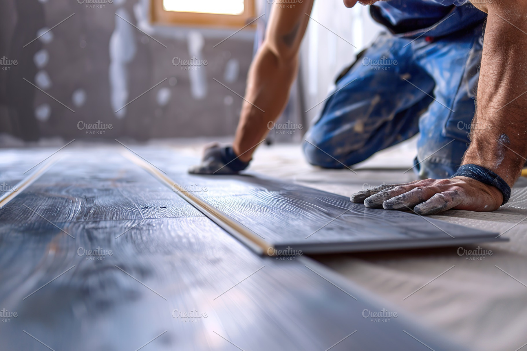 Worker installing new laminate floor, a Photo by AlyaAnd