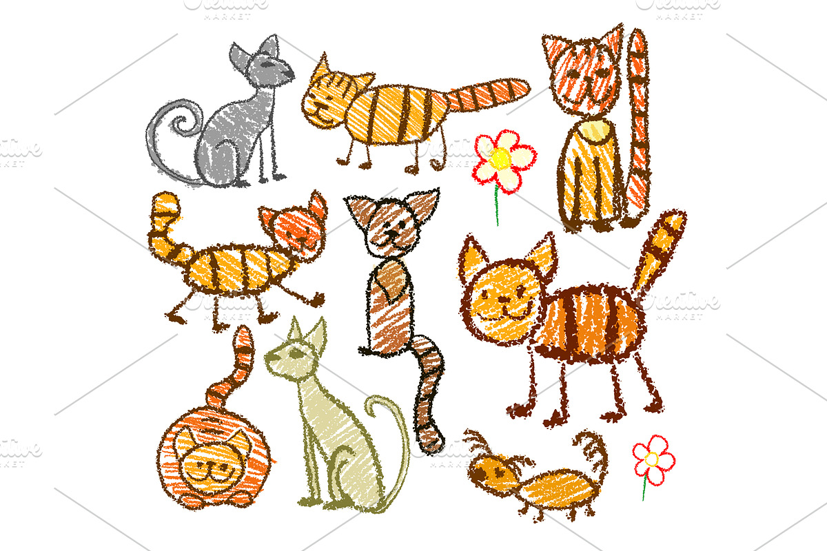 Cats drawn with pencils by children, an Animal Illustration by Nenahliadava Design