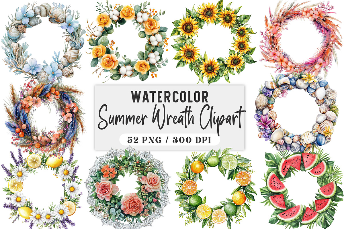 Watercolor Summer Wreath Clipart, an Illustration by DreamArtGraphic (Photo 1 of 4)