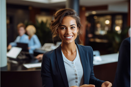 A woman in a business suit smiling, a Business Photo by tilialucida