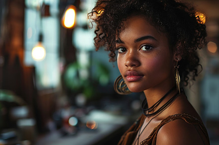 Portrait of beautiful african american woman with curly hair. Dr, a Photo by AS photostudio