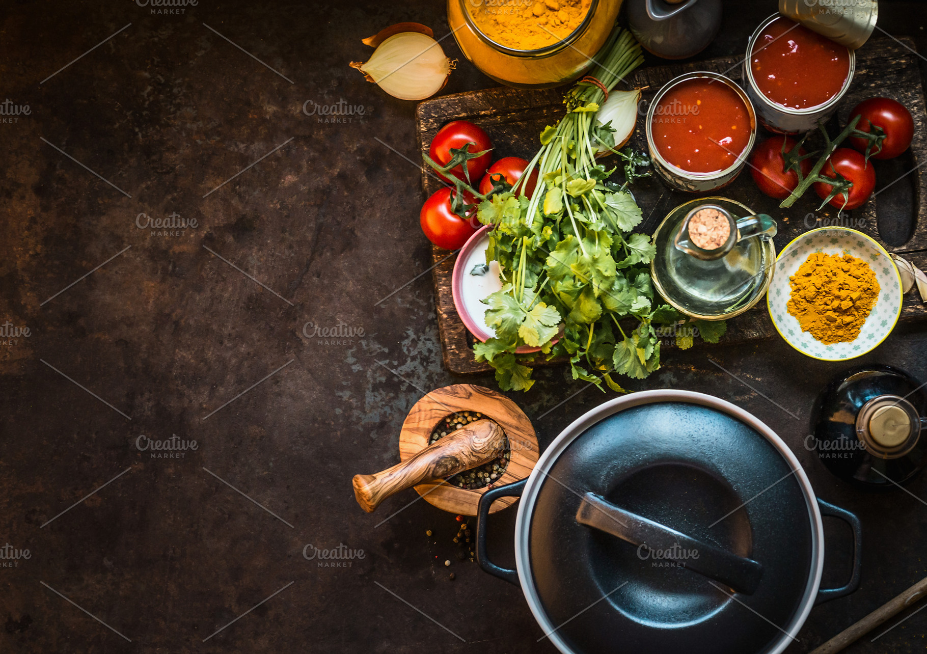 Food background with cooking pot stock photo containing background and cast, a Food & Drink Photo by VICUSCHKA