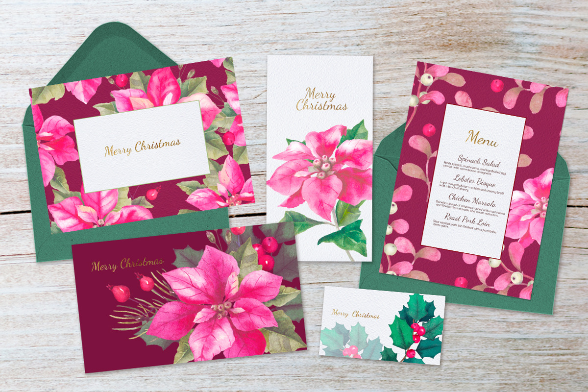 40% OFF. Christmas poinsettia SET, a Decorative Illustration by oKOLOstyle (Photo 2 of 7)