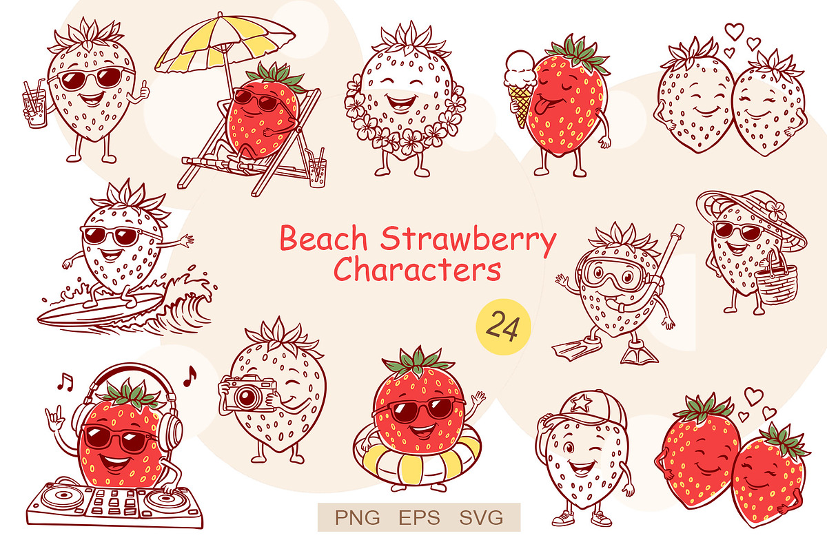 Beach Strawberry Characters Clipart, a Food Illustration by Watercolor dreams (Photo 1 of 3)