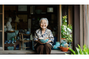 Elderly Asian woman sitting by a, a Person Photo by Sergey Kotenev