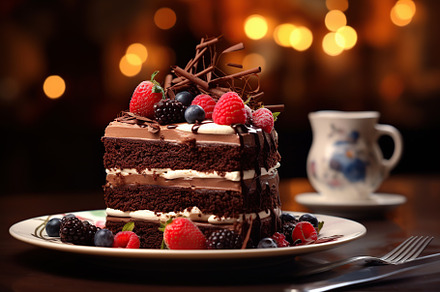 Piece of chocolate cake with fresh berries on brown wooden table, a Food & Drink Photo by AlyaAnd