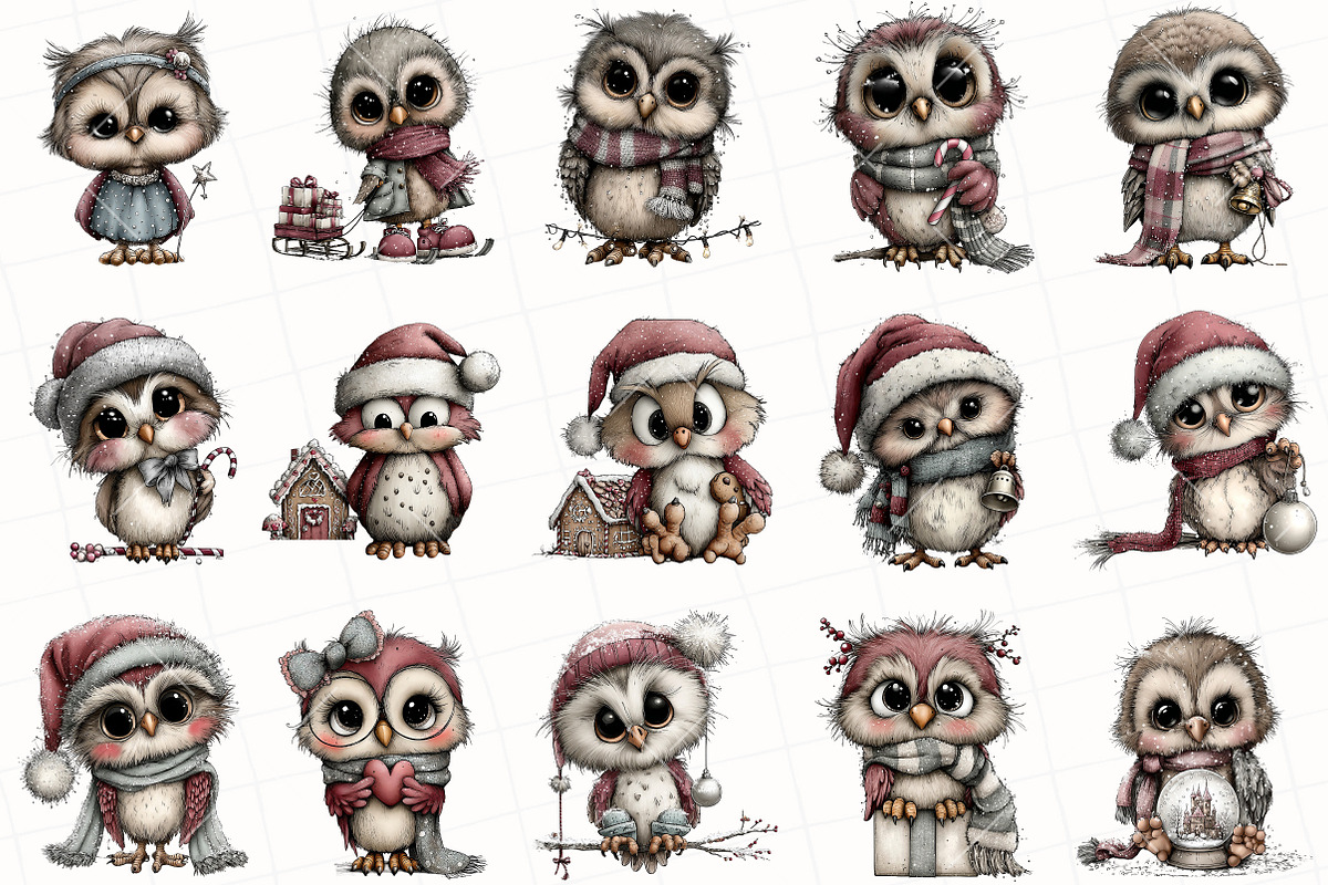 Whimsical Christmas Owl Clipart, an Illustration by OK Design (Photo 3 of 6)