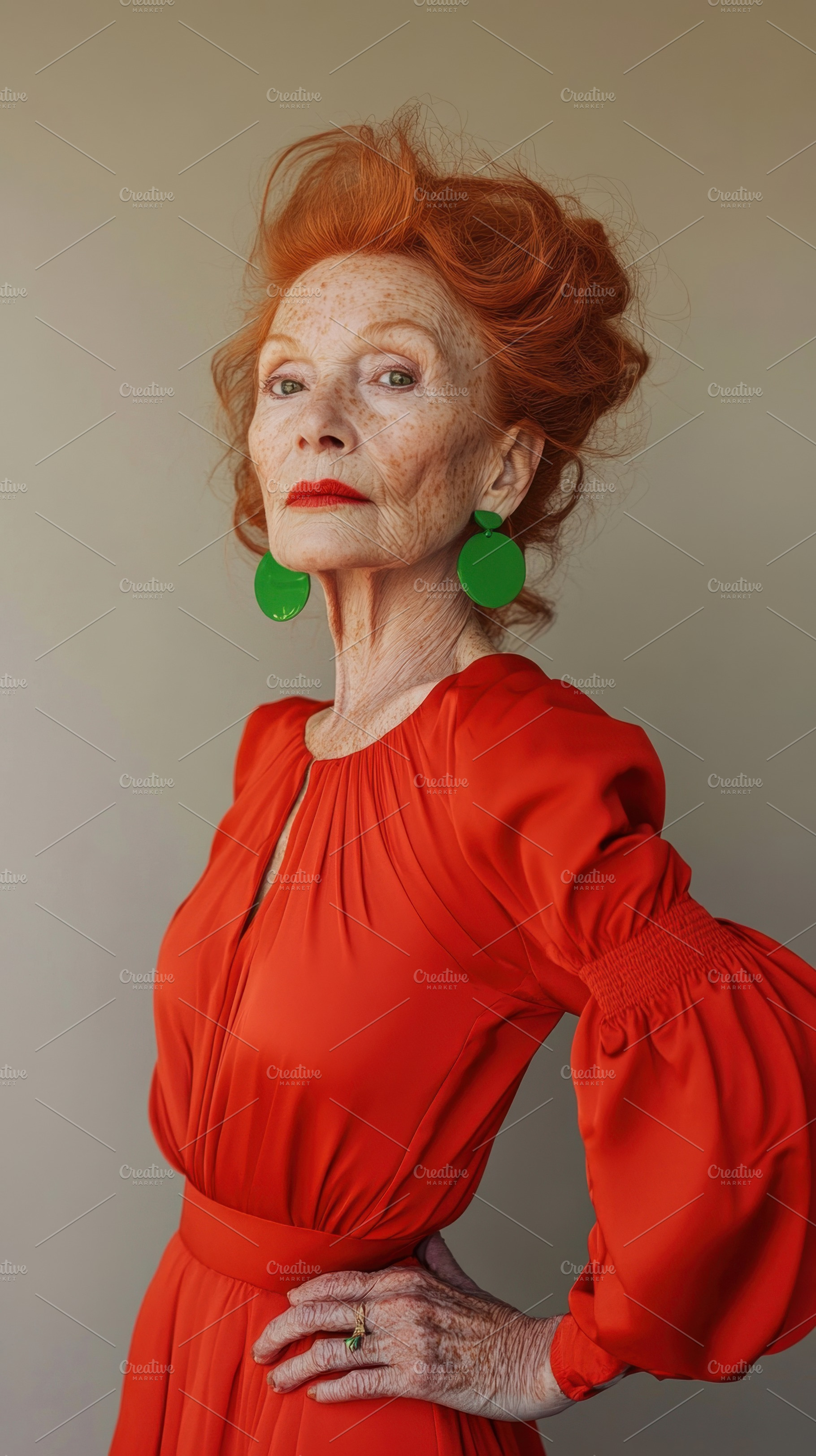 Elegant woman poses in vibrant dress, a Photo by Beautiful things