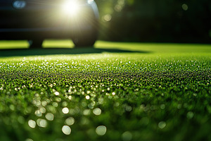 Green turf grass of golf course with golf cart, a Background Photo by AlyaAnd