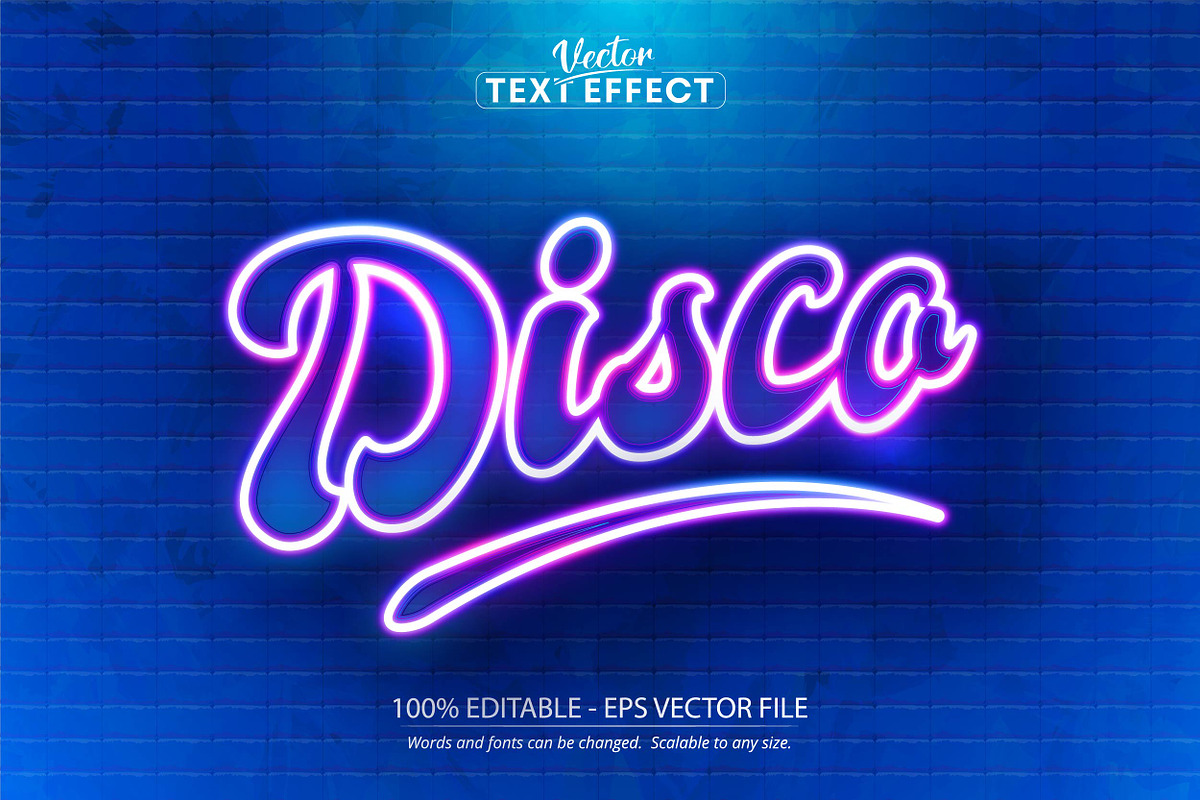 Disco text effect, neon editable, a Brushes & More by designvectx