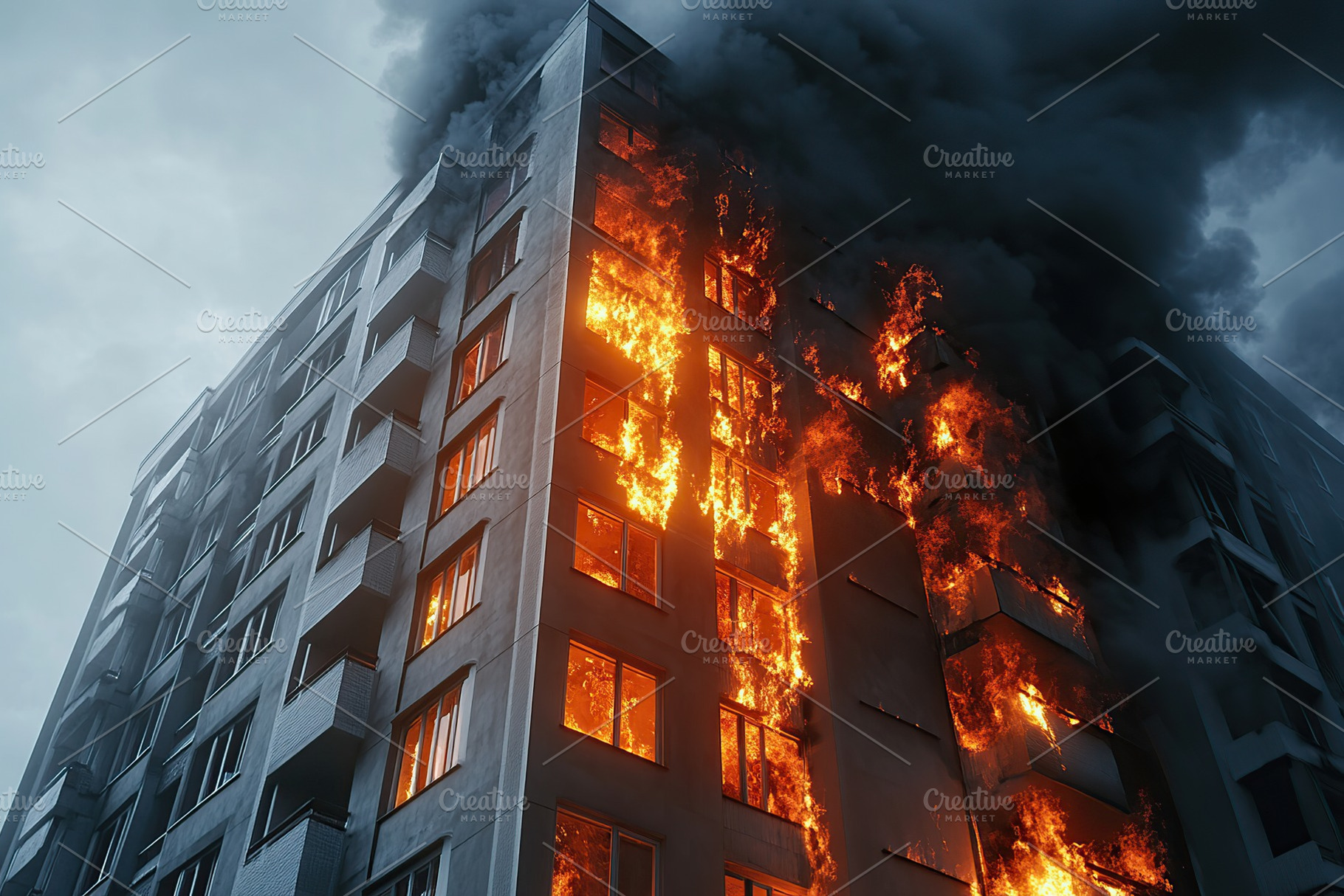 Apartments in high building with tongues of fire, an Architecture Photo by AlyaAnd