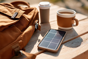 Solar panel charger on a wooden bench beside coffee cups and a backpack in brig, a Photo by AlyaAnd