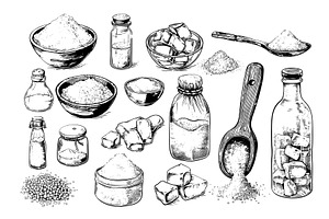 Salt pencil sketch vector set. Spoon, a Food Illustration by Onyx