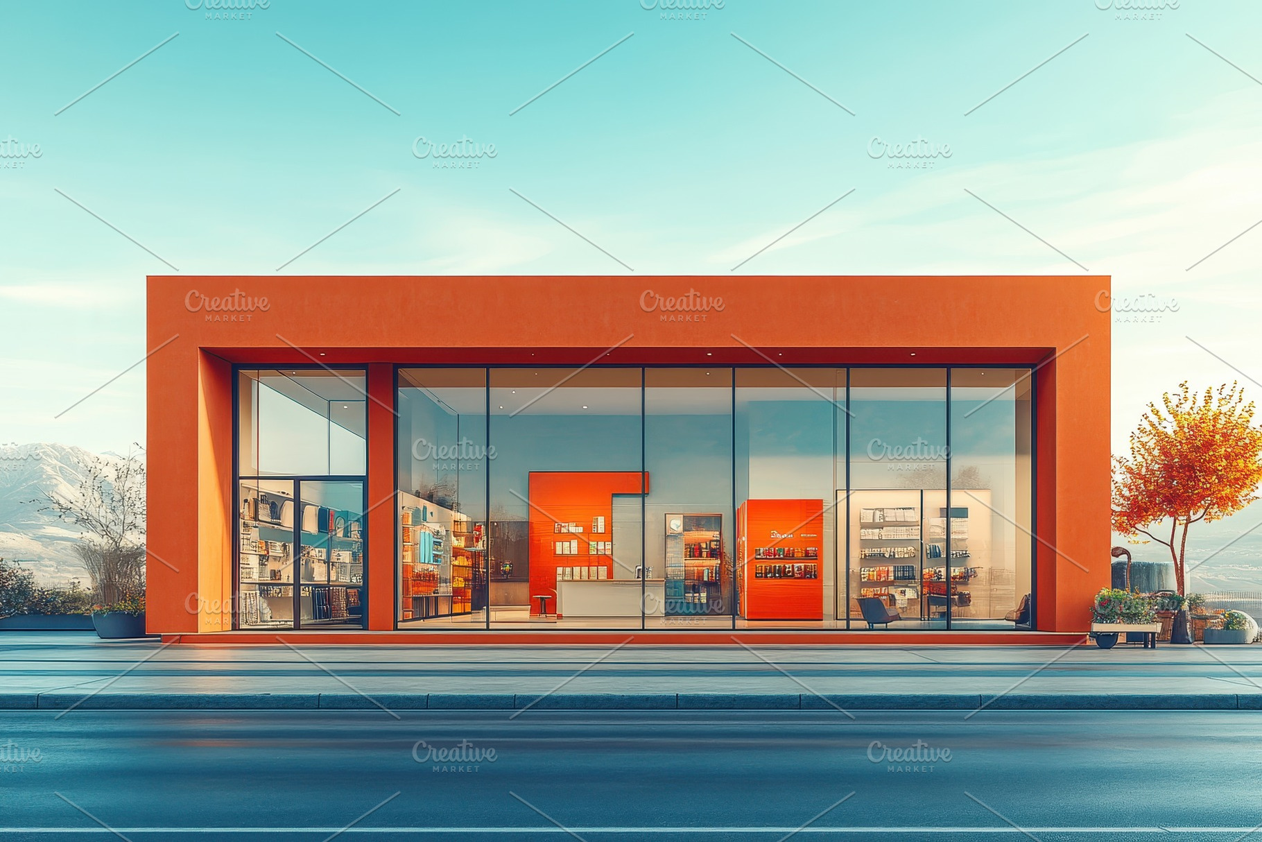 Modern orange building with large wi, a Photo by Tanuart