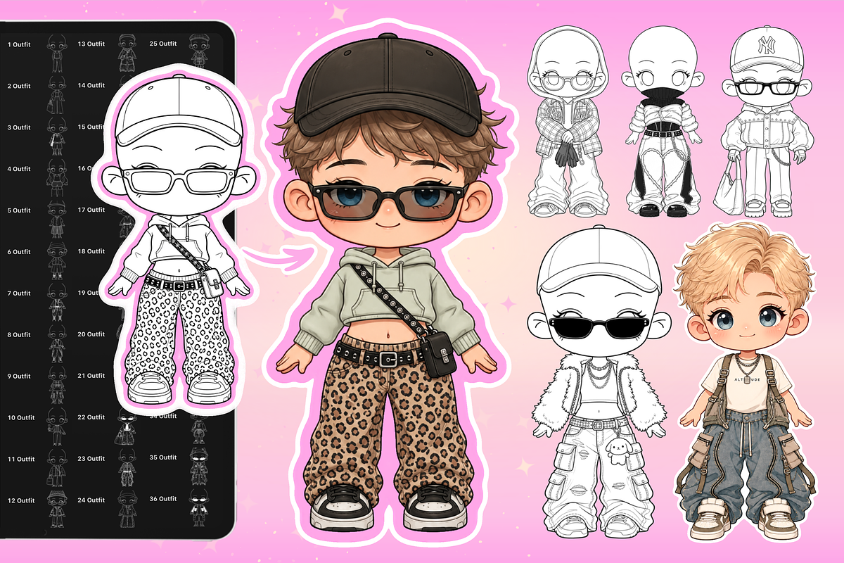 Chibi Procreate Outfit Pose brushes, a Brush Add-On by Revabrush (Photo 8 of 18)