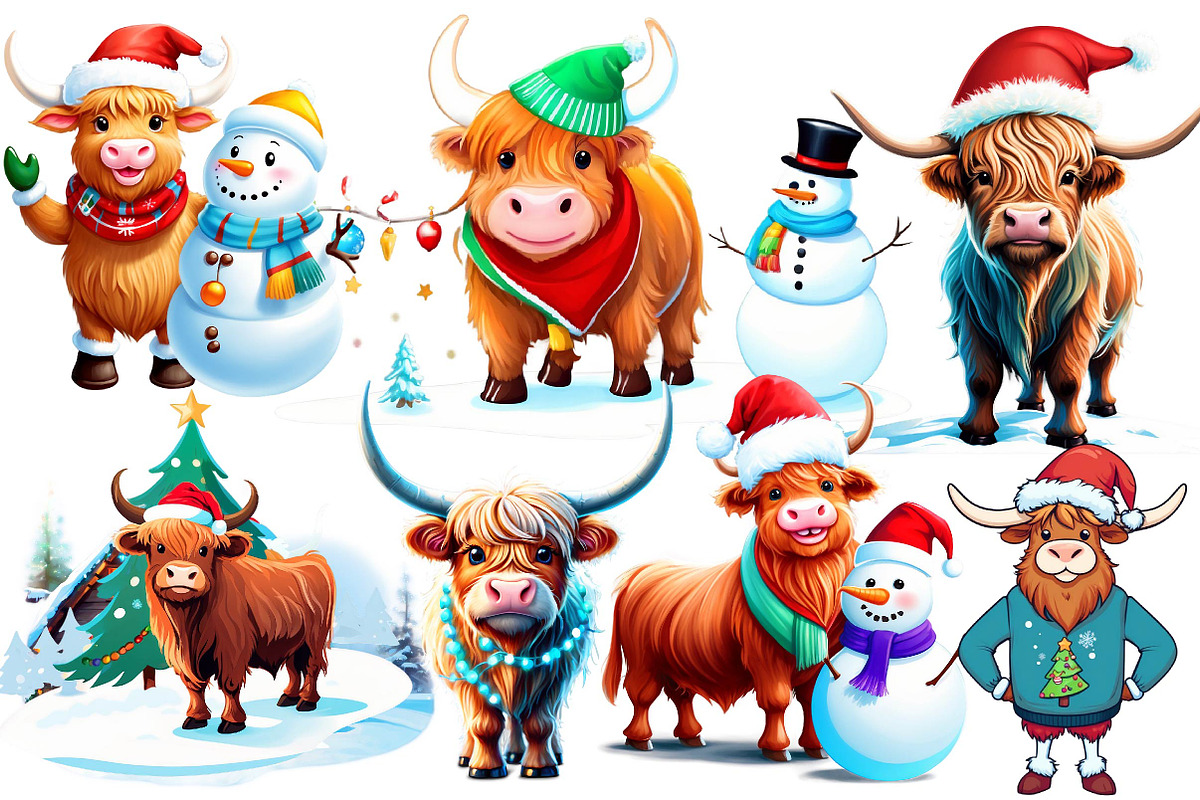 Cute Christmas Highland Cow Clipart, an Illustration by Wow Magic (Photo 2 of 5)