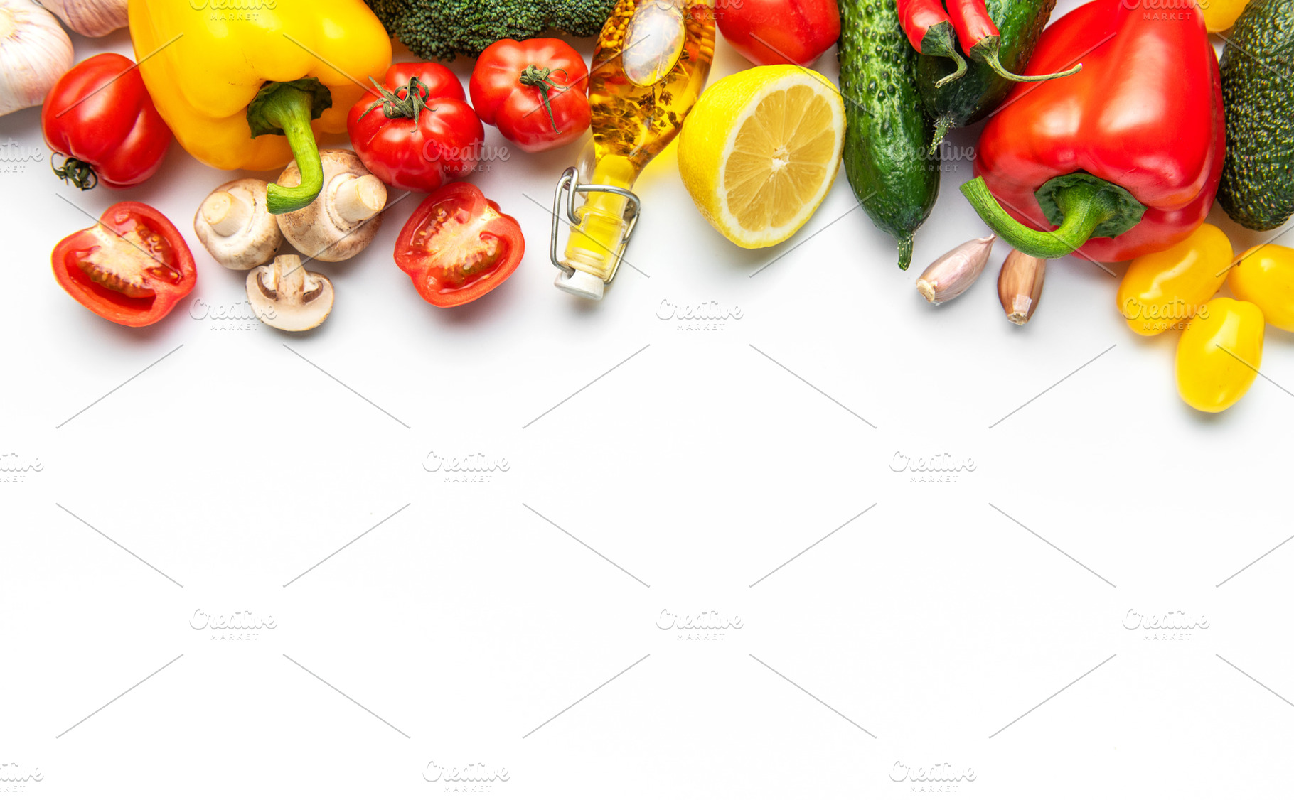 Fresh vibrant vegetables and oil for healthy eating, a Food & Drink Photo by Olena Rudo