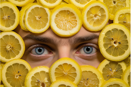 Man lemon eyes. Generate AI, a Food & Drink Photo by Ylivdesign