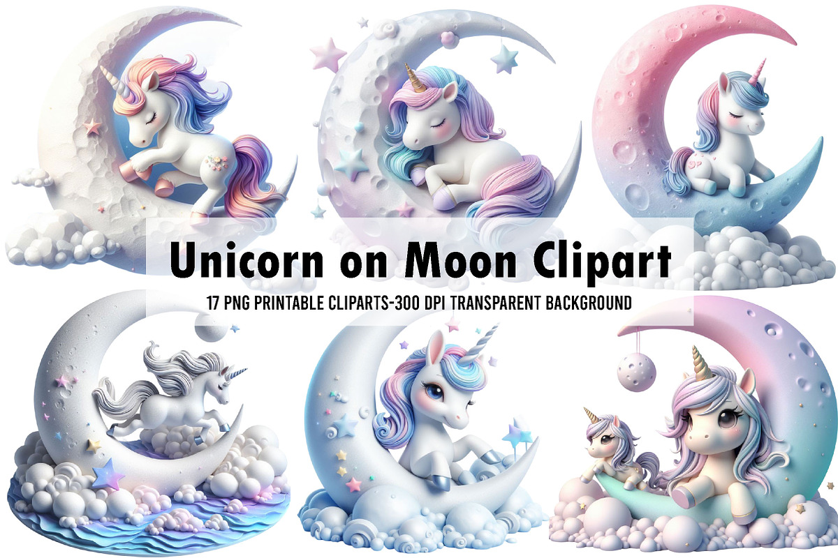 Unicorn on Moon Watercolor Clipart, an Object Illustration by Libby Wishes (Photo 1 of 5)