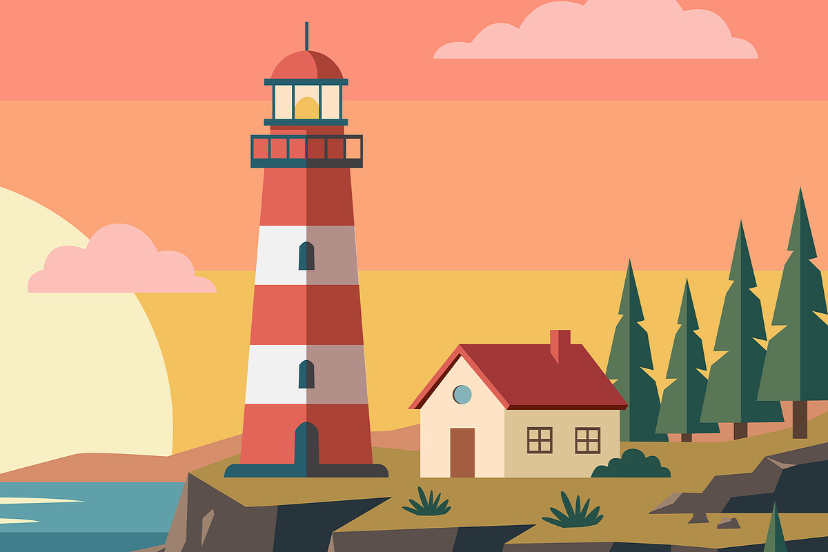 Sunset Lighthouse Vector Art, a Decorative Illustration by Vowx Studios (Photo 2 of 3)