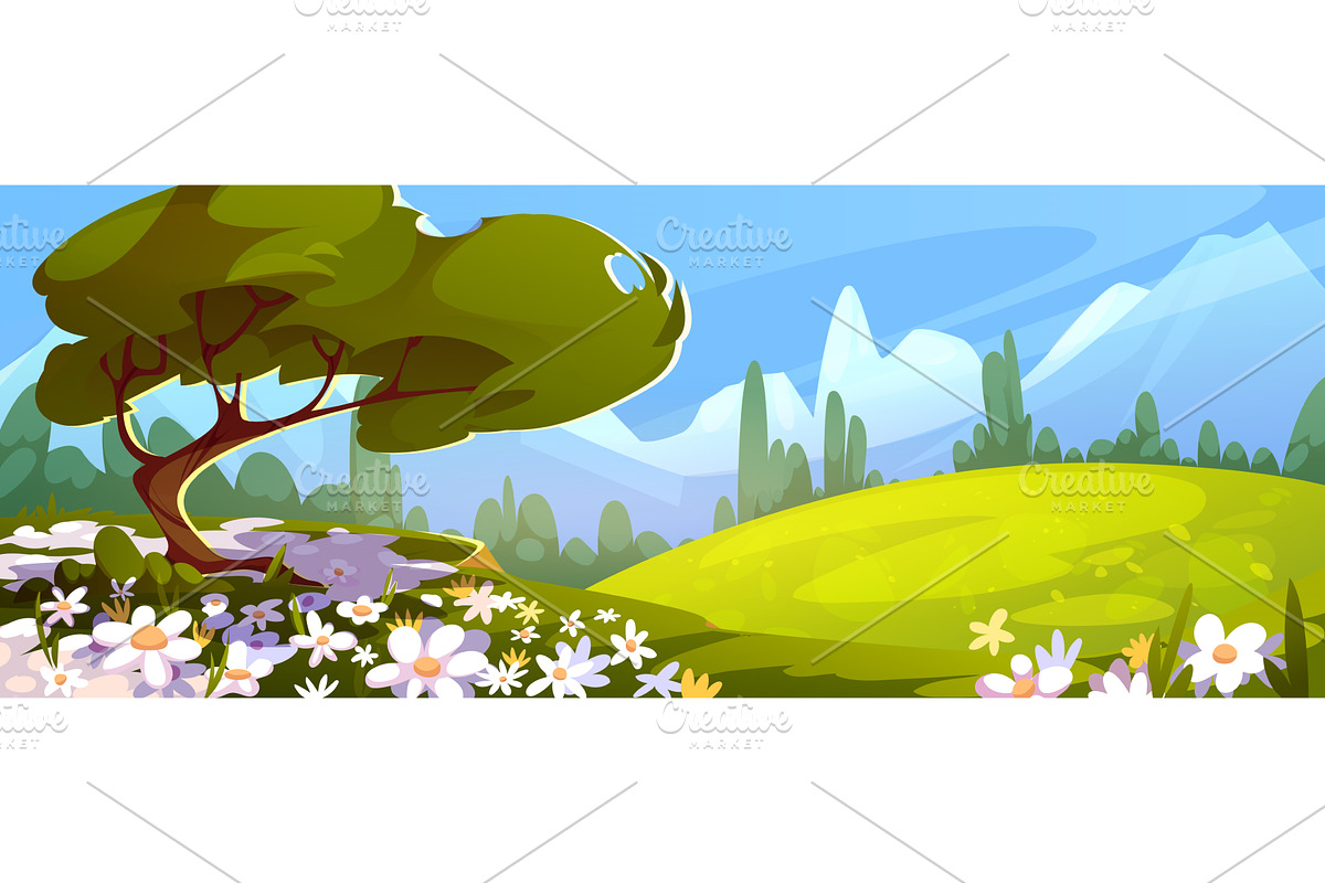 Spring green grass meadow landscape, an Illustration by art PVP - market