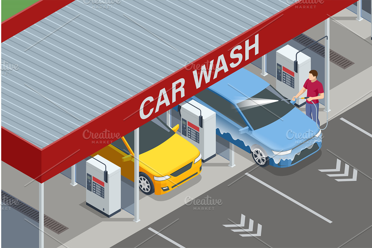 Isometric Self-service car wash. Man, a Transportation Illustration by Golden Sikorka