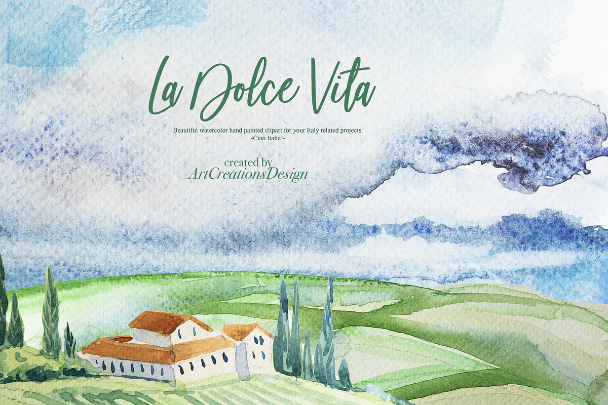 Watercolor La Dolce Vita Clipart, an Education Illustration by ArtCreationsDesign (Photo 4 of 12)