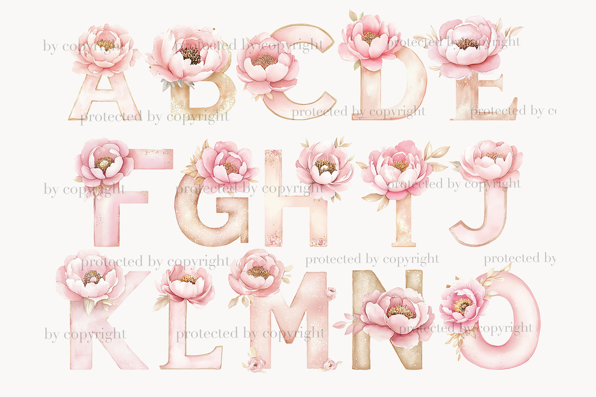 Pink Flowers Alphabet Clipart, a Decorative Illustration by GlamArtZhanna (Photo 3 of 8)